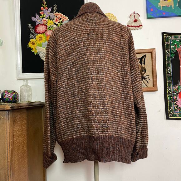 Vintage Grandpa Cardigan, 1970s Brown Tweed Deep V-Neck Button Front Sweater Lg - Picture 7 of 14